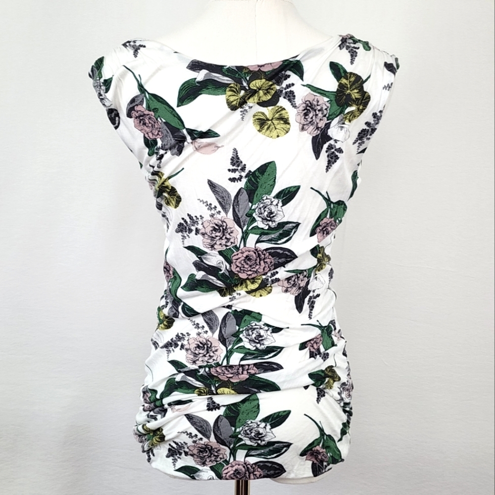 H&M White Floral Ruched Tank Top Medium Fully Lined - Picture 7 of 9